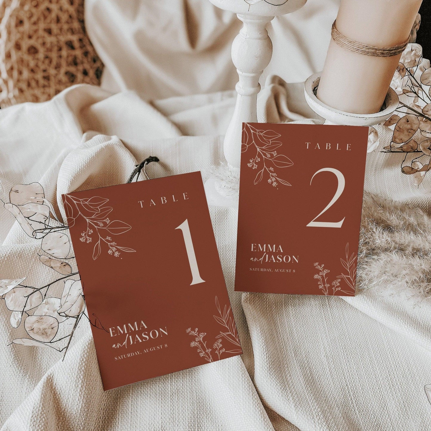 Boho Floral Wedding Table Numbers in Terracotta and Beige Colors - LovelyTemplatesCo