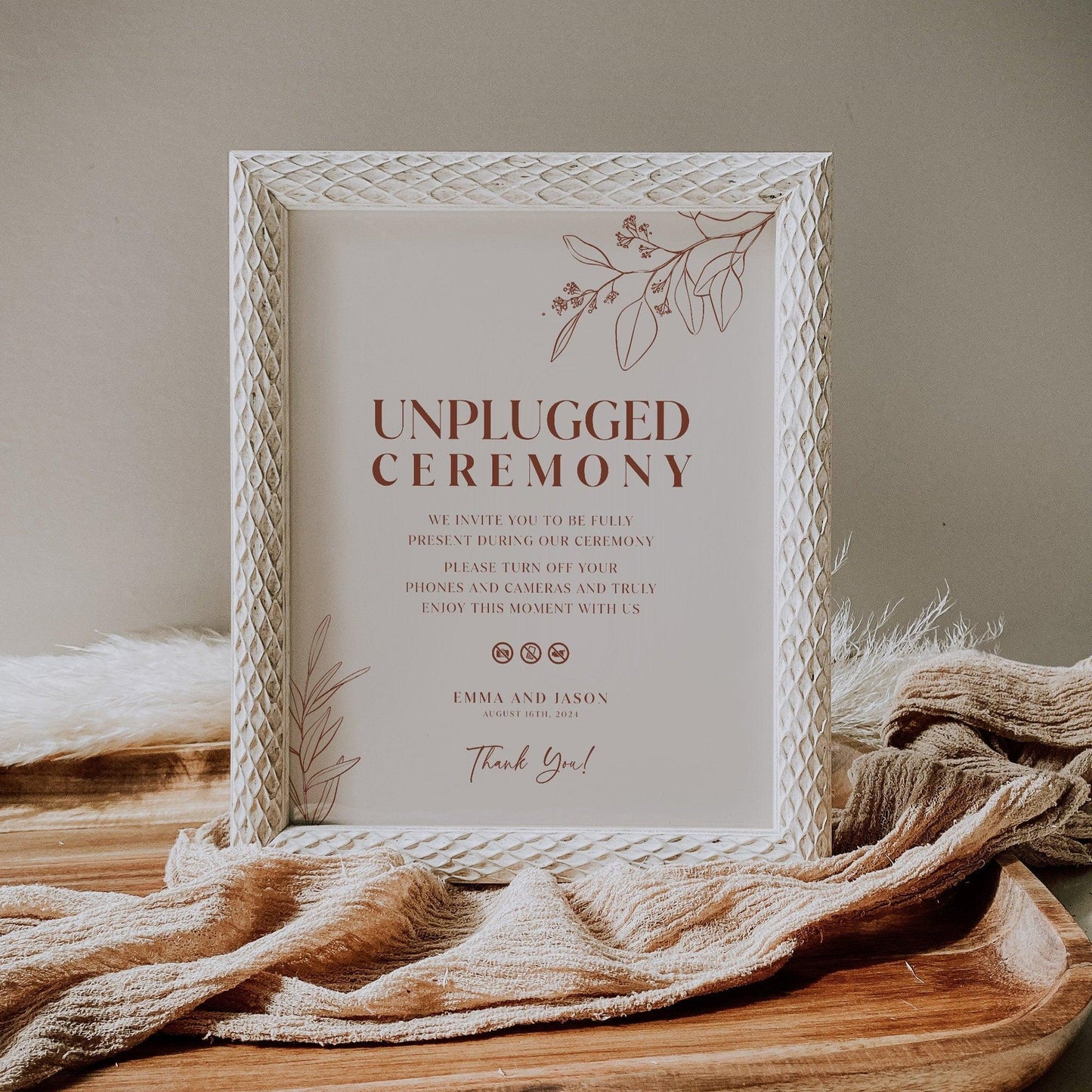 Boho Floral Wedding Unplugged Ceremony Sign in Terracotta and Beige Colors - LovelyTemplatesCo