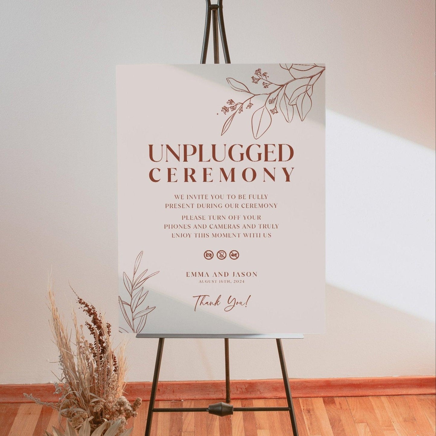 Boho Floral Wedding Unplugged Ceremony Sign in Terracotta and Beige Colors - LovelyTemplatesCo