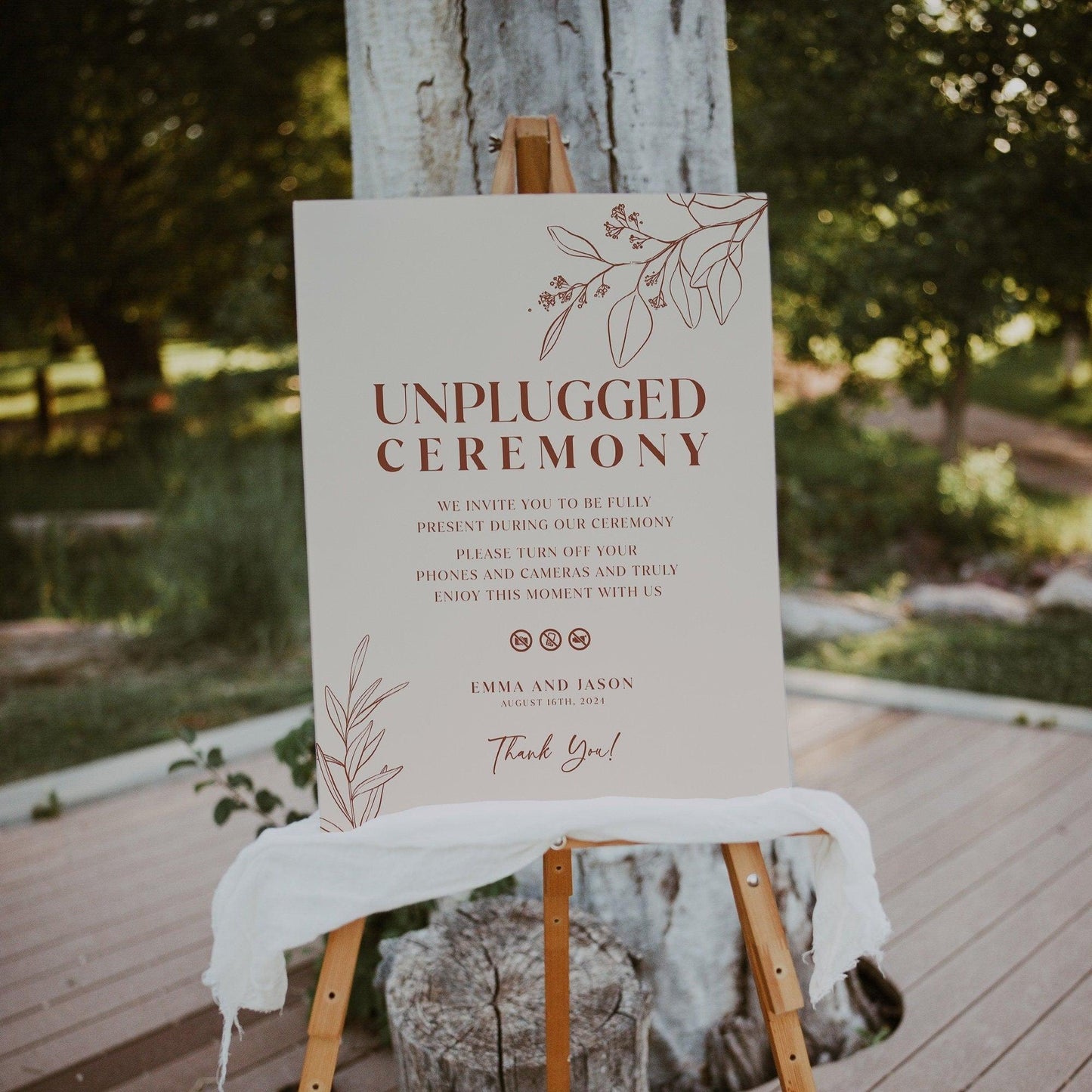Boho Floral Wedding Unplugged Ceremony Sign in Terracotta and Beige Colors - LovelyTemplatesCo