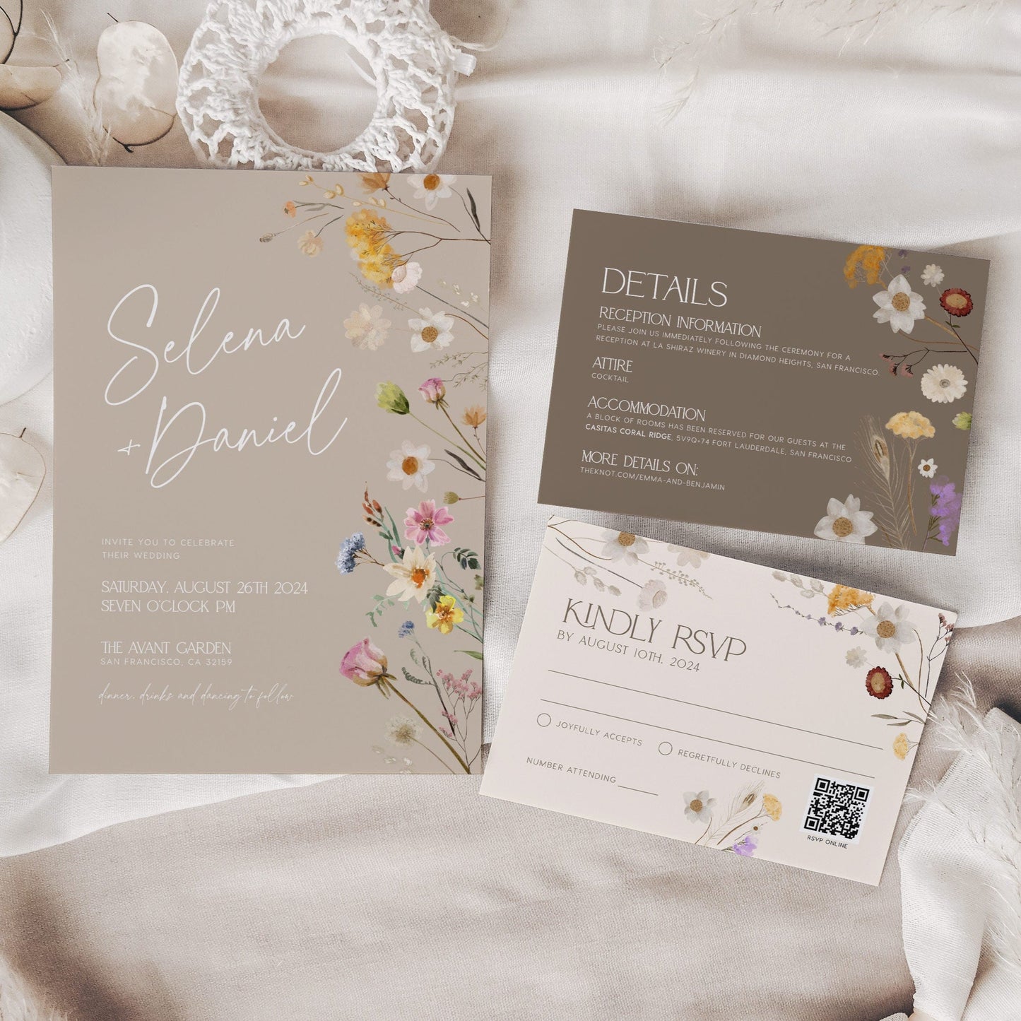 Boho Wedding Invitations, Wildflower Wedding invitation, Beige Wedding invitation set - LovelyTemplatesCo