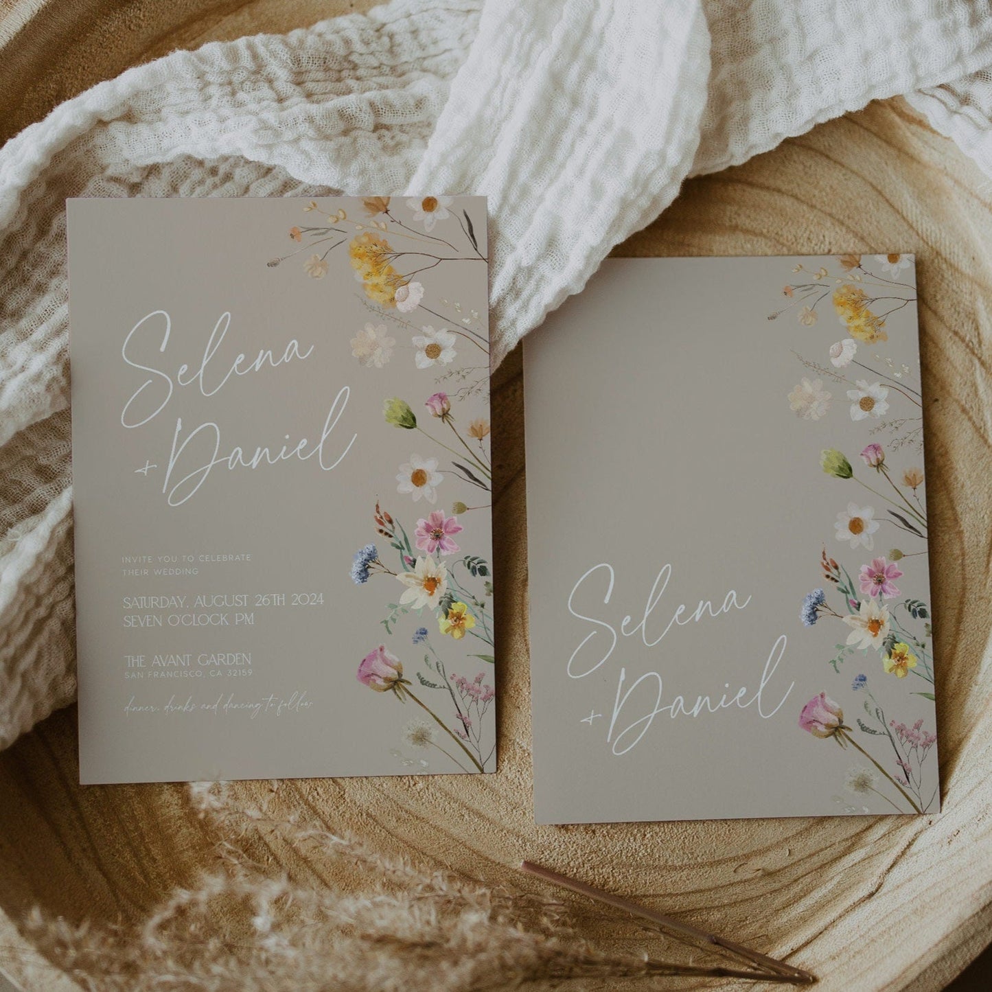Boho Wedding Invitations, Wildflower Wedding invitation, Beige Wedding invitation set - LovelyTemplatesCo