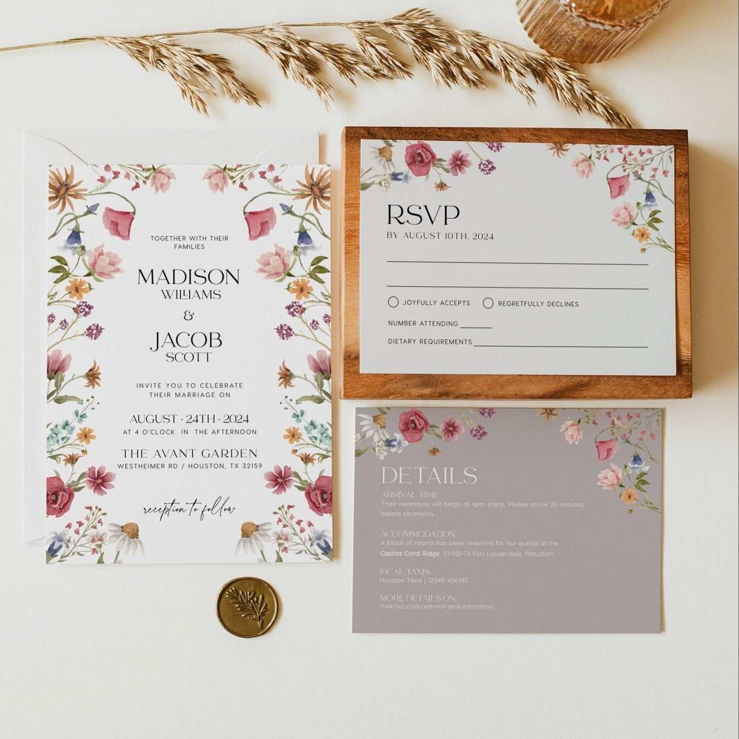 Boho Wildflower Wedding Invitation set with RSVP and Details card - LovelyTemplatesCo