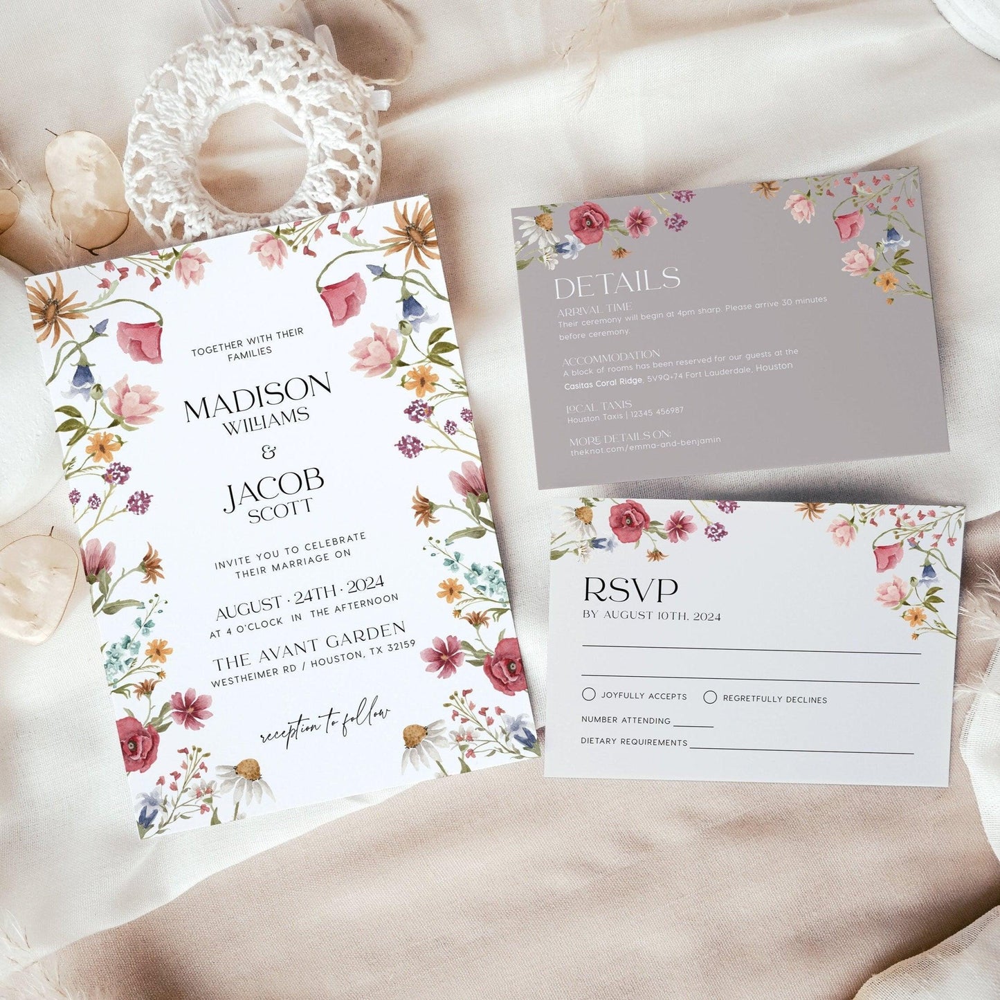 Boho Wildflower Wedding Invitation set with RSVP and Details card - LovelyTemplatesCo