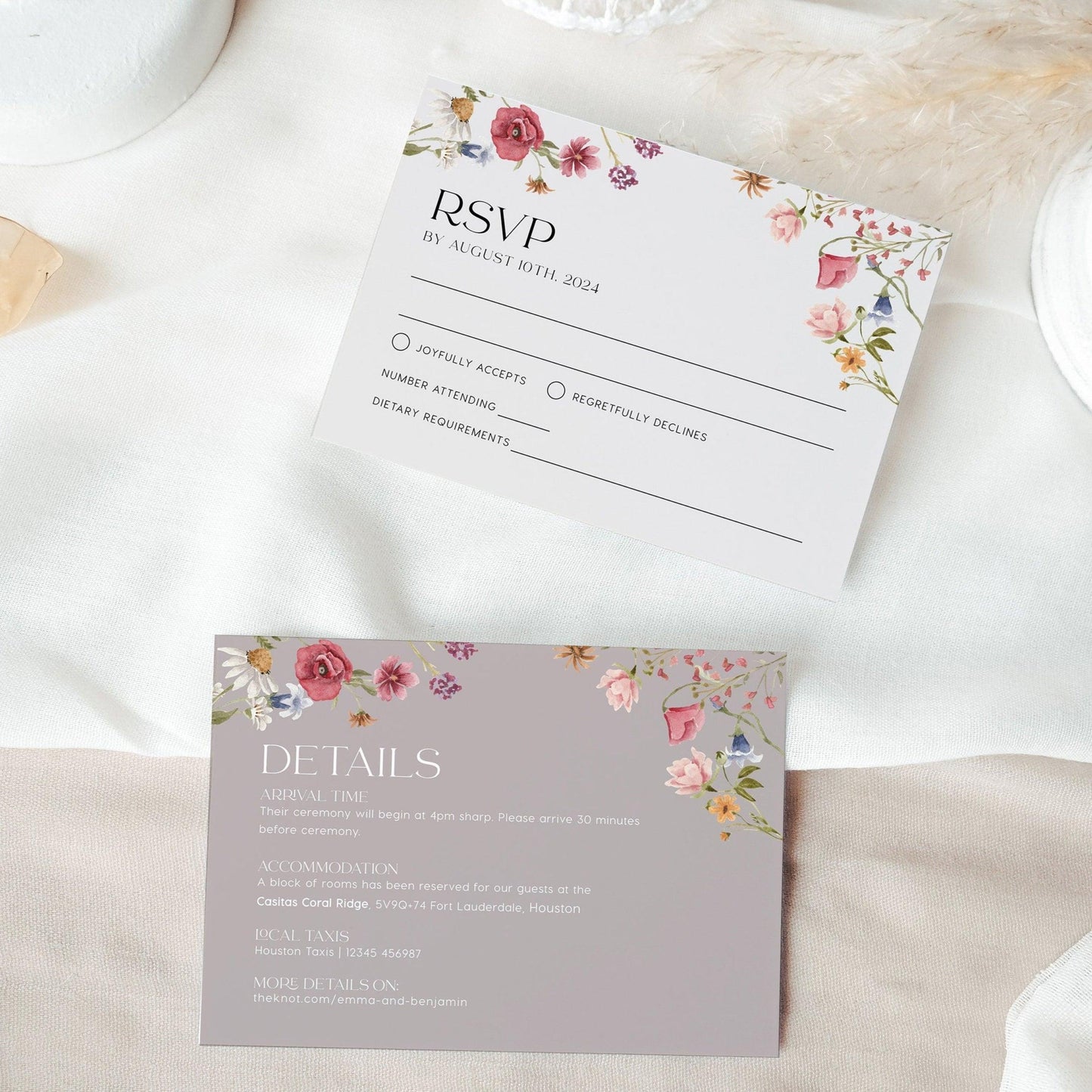 Boho Wildflower Wedding Invitation set with RSVP and Details card - LovelyTemplatesCo