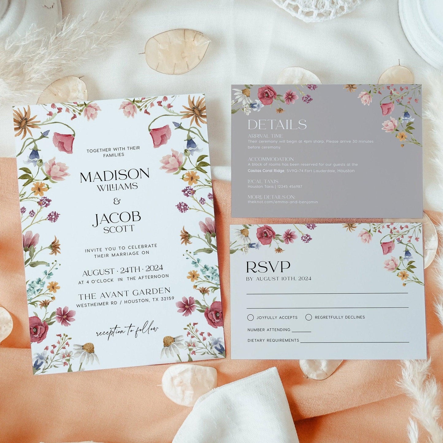 Boho Wildflower Wedding Invitation set with RSVP and Details card - LovelyTemplatesCo