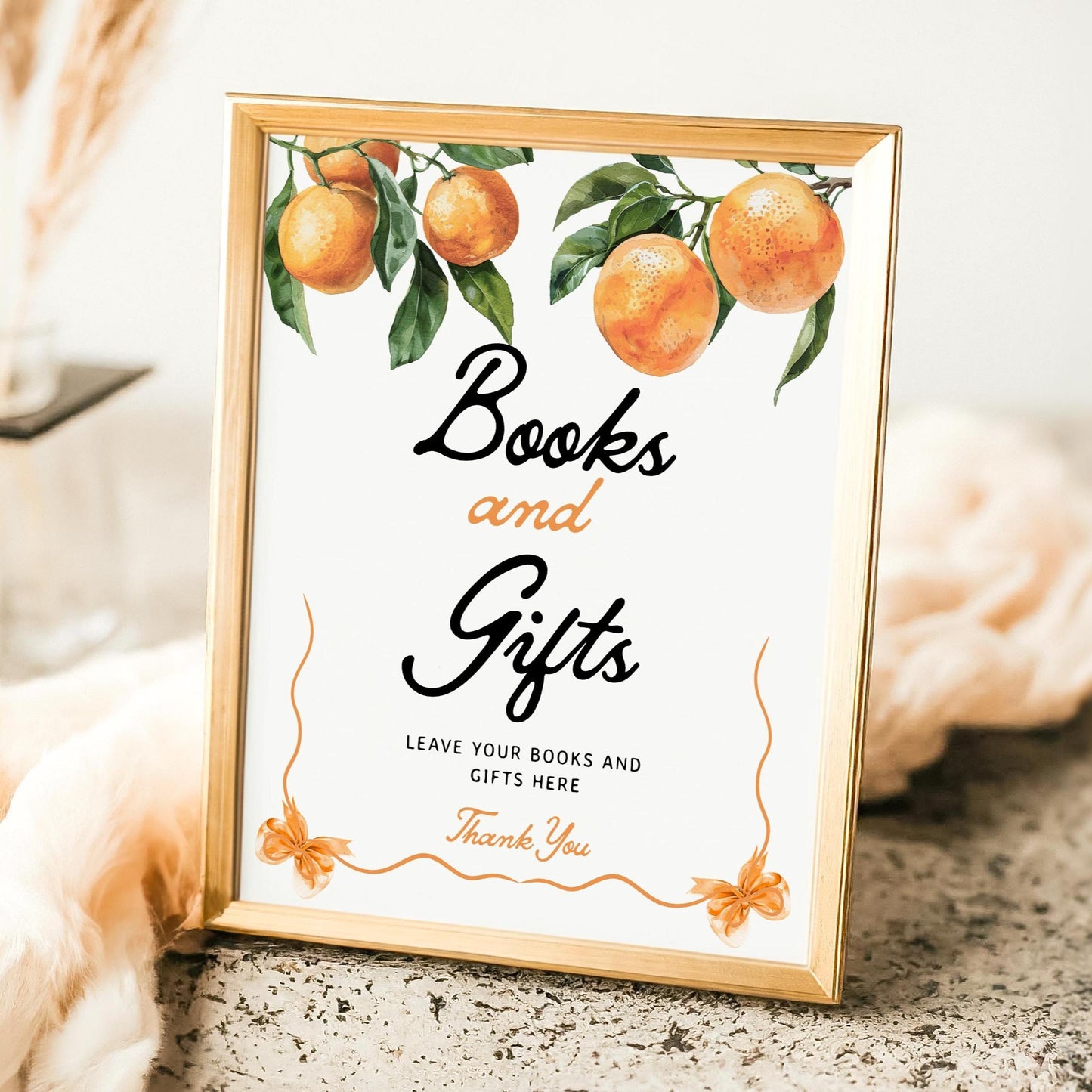 Books and Gifts Sign | Little Cutie Orange Baby Shower Sign - LovelyTemplatesCo