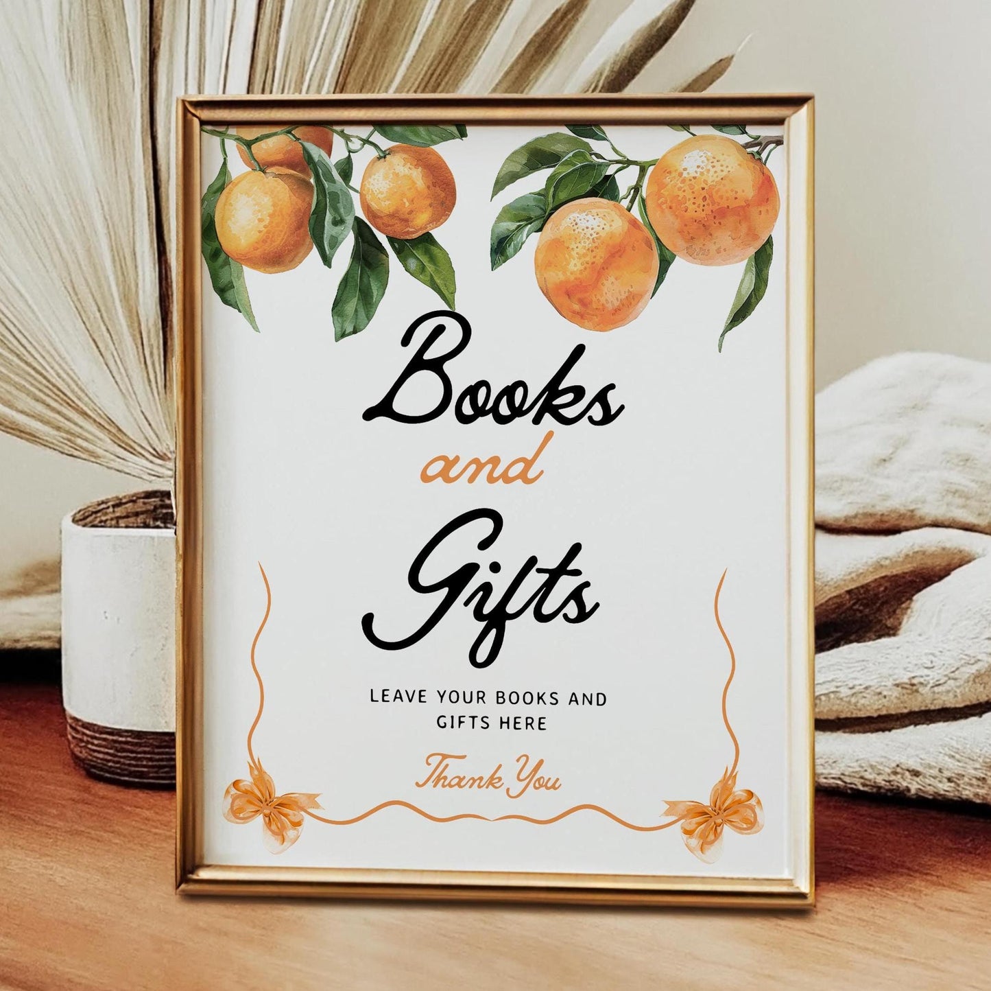 Books and Gifts Sign | Little Cutie Orange Baby Shower Sign - LovelyTemplatesCo