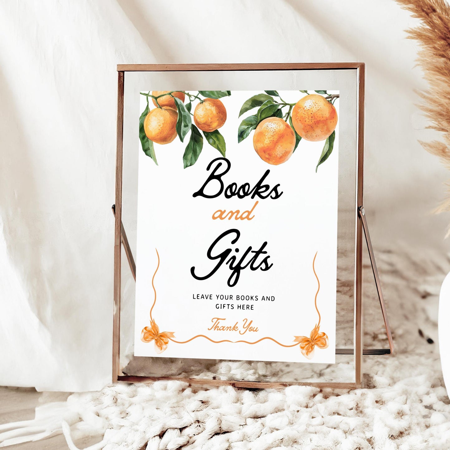 Books and Gifts Sign | Little Cutie Orange Baby Shower Sign - LovelyTemplatesCo