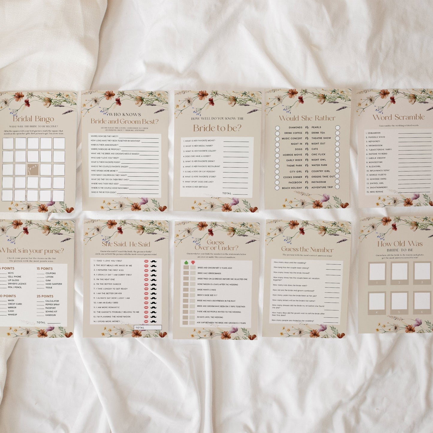 Bridal Shower Games Bundle | Beige with Wildflower customizable game cards templates - LovelyTemplatesCo