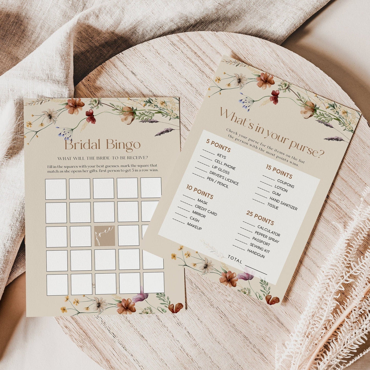 Bridal Shower Games Bundle | Beige with Wildflower customizable game cards templates - LovelyTemplatesCo