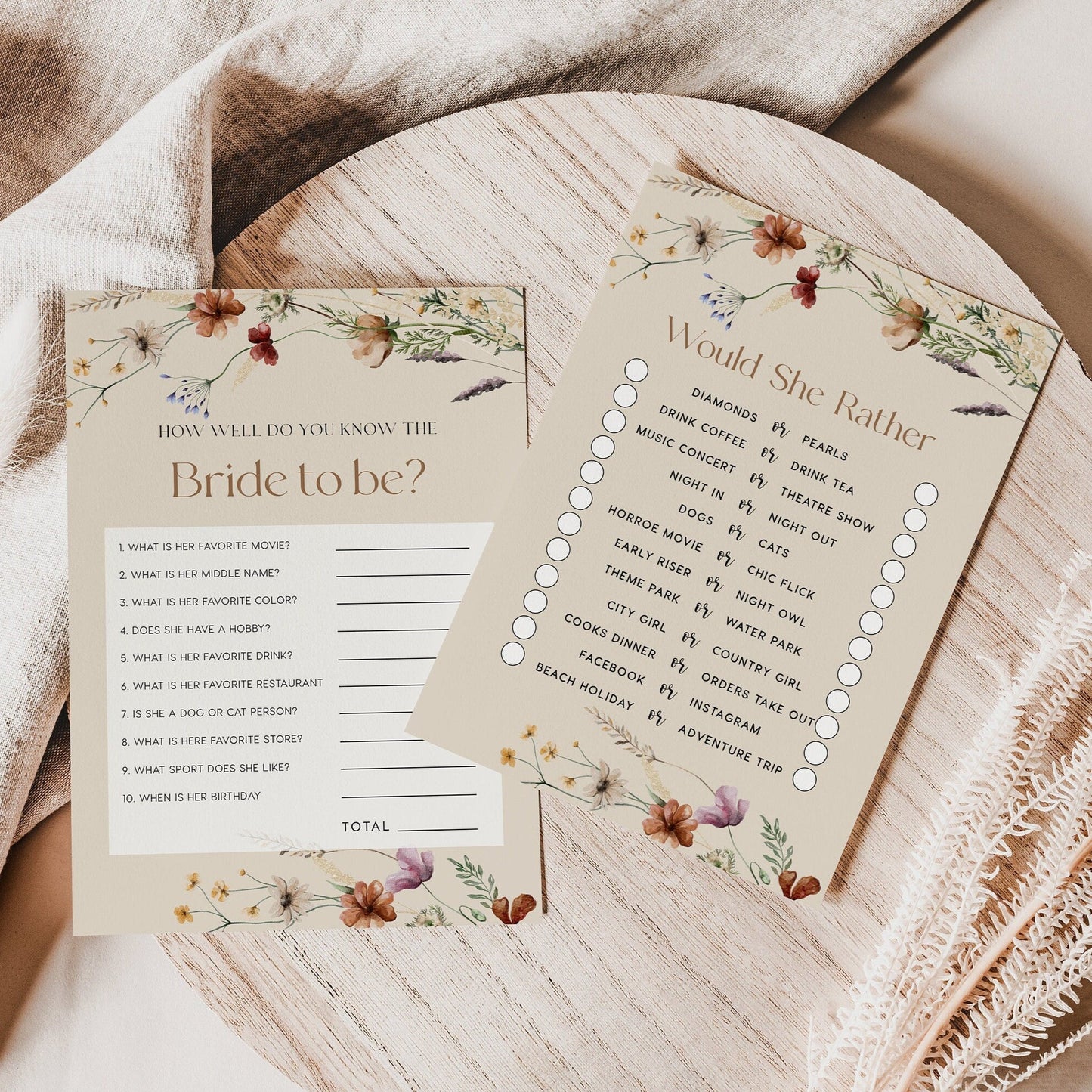 Bridal Shower Games Bundle | Beige with Wildflower customizable game cards templates - LovelyTemplatesCo