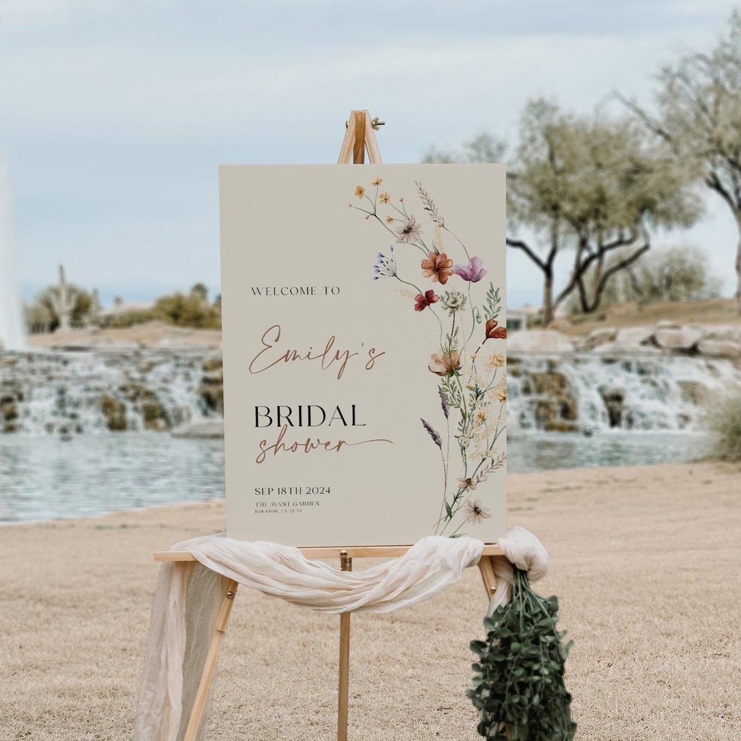Bridal Shower Welcome Sign | Beige Sign with watercolor Wildflower Flowers - LovelyTemplatesCo