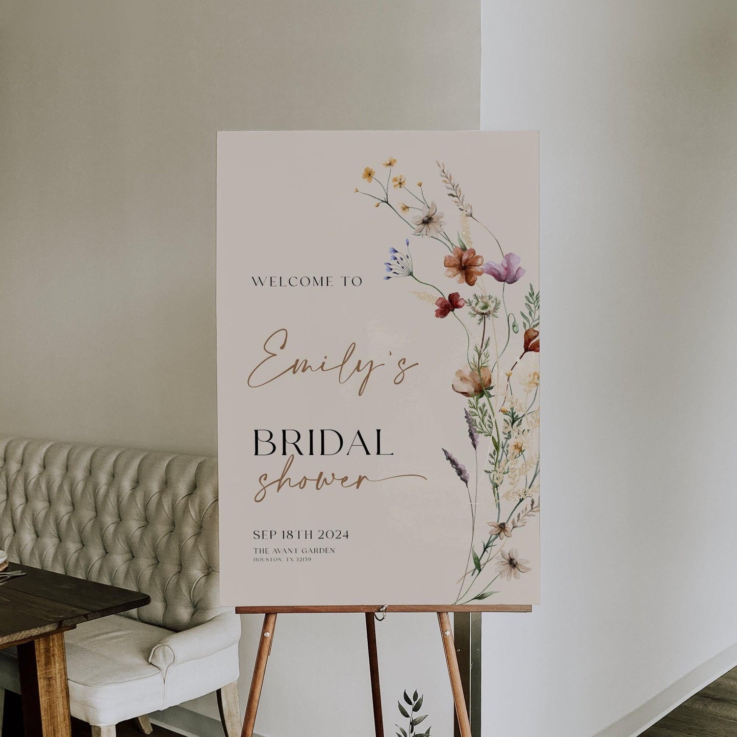 Bridal Shower Welcome Sign | Beige Sign with watercolor Wildflower Flowers - LovelyTemplatesCo