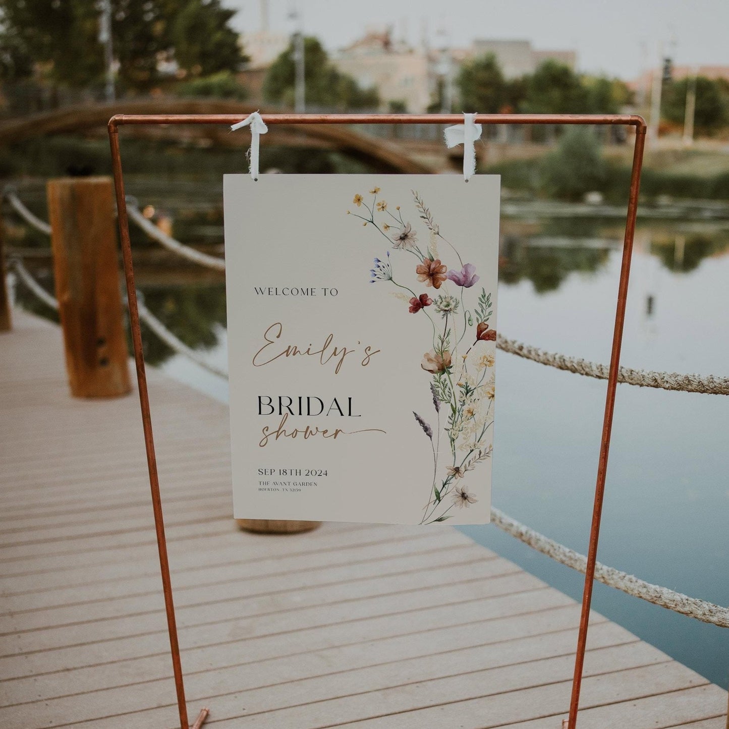 Bridal Shower Welcome Sign | Beige Sign with watercolor Wildflower Flowers - LovelyTemplatesCo