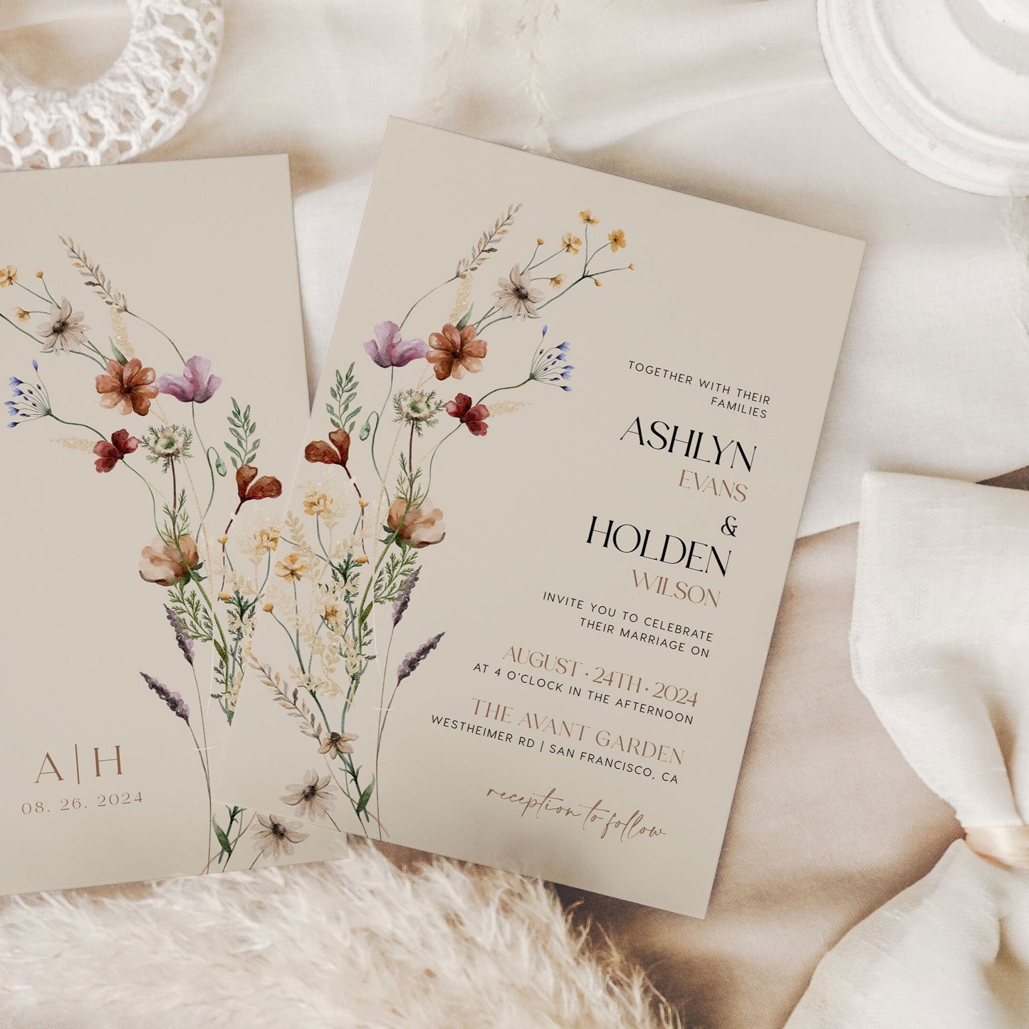Elegant Floral Wedding Invitation, Beige Wedding Invitation Suite, Boho wedding Invitation set - LovelyTemplatesCo