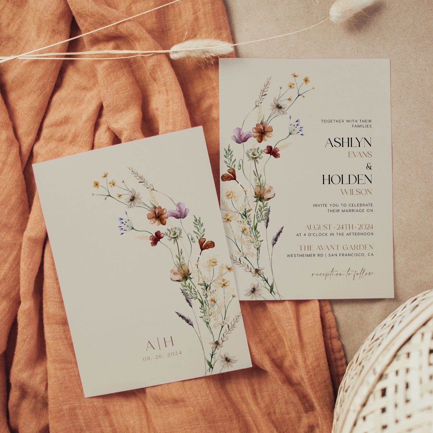 Elegant Floral Wedding Invitation, Beige Wedding Invitation Suite, Boho wedding Invitation set - LovelyTemplatesCo