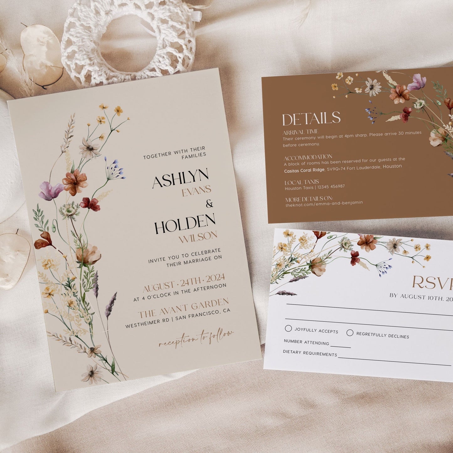 Elegant Floral Wedding Invitation, Beige Wedding Invitation Suite, Boho wedding Invitation set - LovelyTemplatesCo