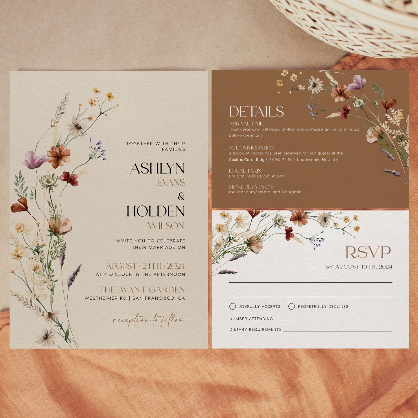 Elegant Floral Wedding Invitation, Beige Wedding Invitation Suite, Boho wedding Invitation set - LovelyTemplatesCo