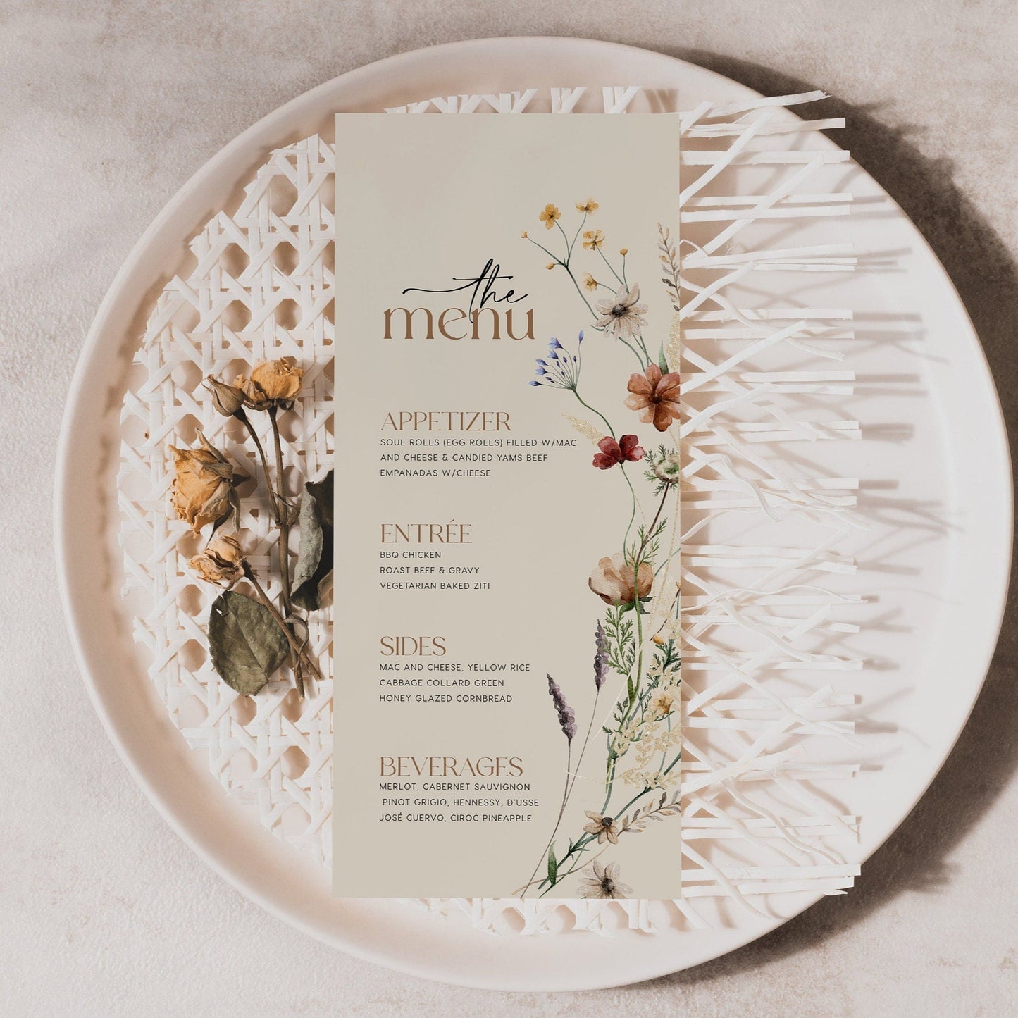 Floral Beige Wedding menu template - LovelyTemplatesCo