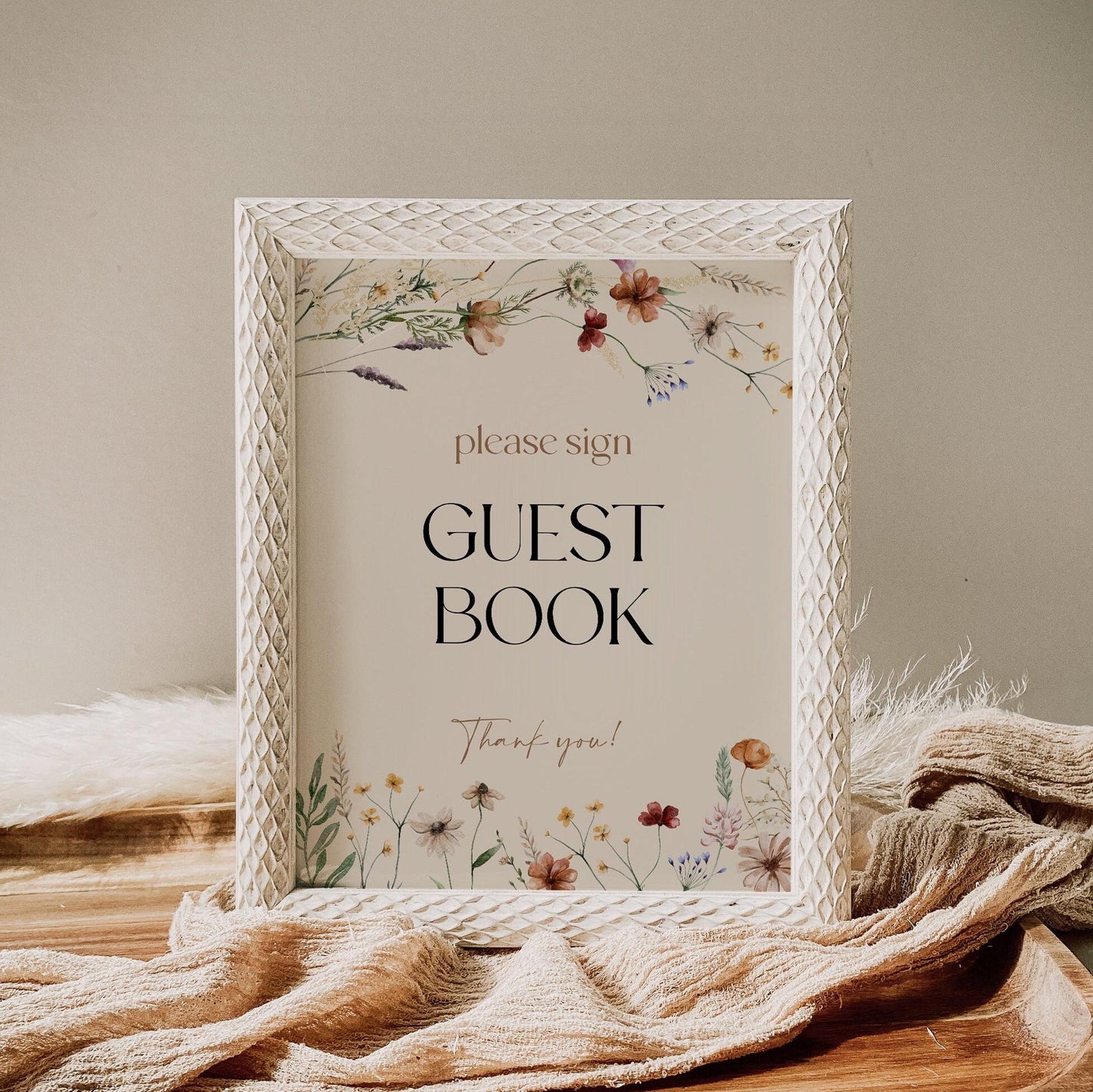 Floral Guest book Sign, Wedding Guest book sign, Beige Floral Wedding Sign - LovelyTemplatesCo