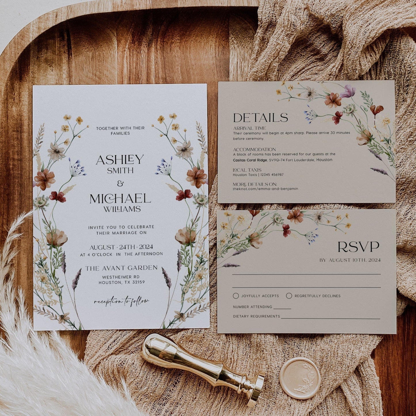 Floral Wedding invitation set, Floral Wedding invitation set with boho wildflowers - LovelyTemplatesCo