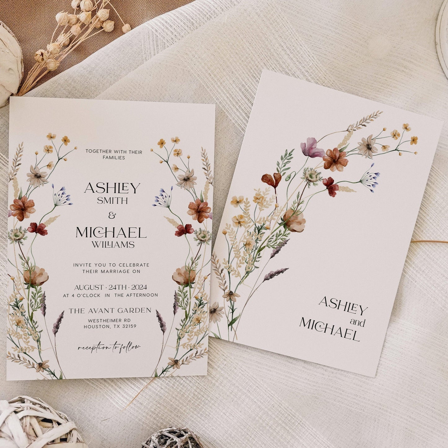Floral Wedding invitation set, Floral Wedding invitation set with boho wildflowers - LovelyTemplatesCo