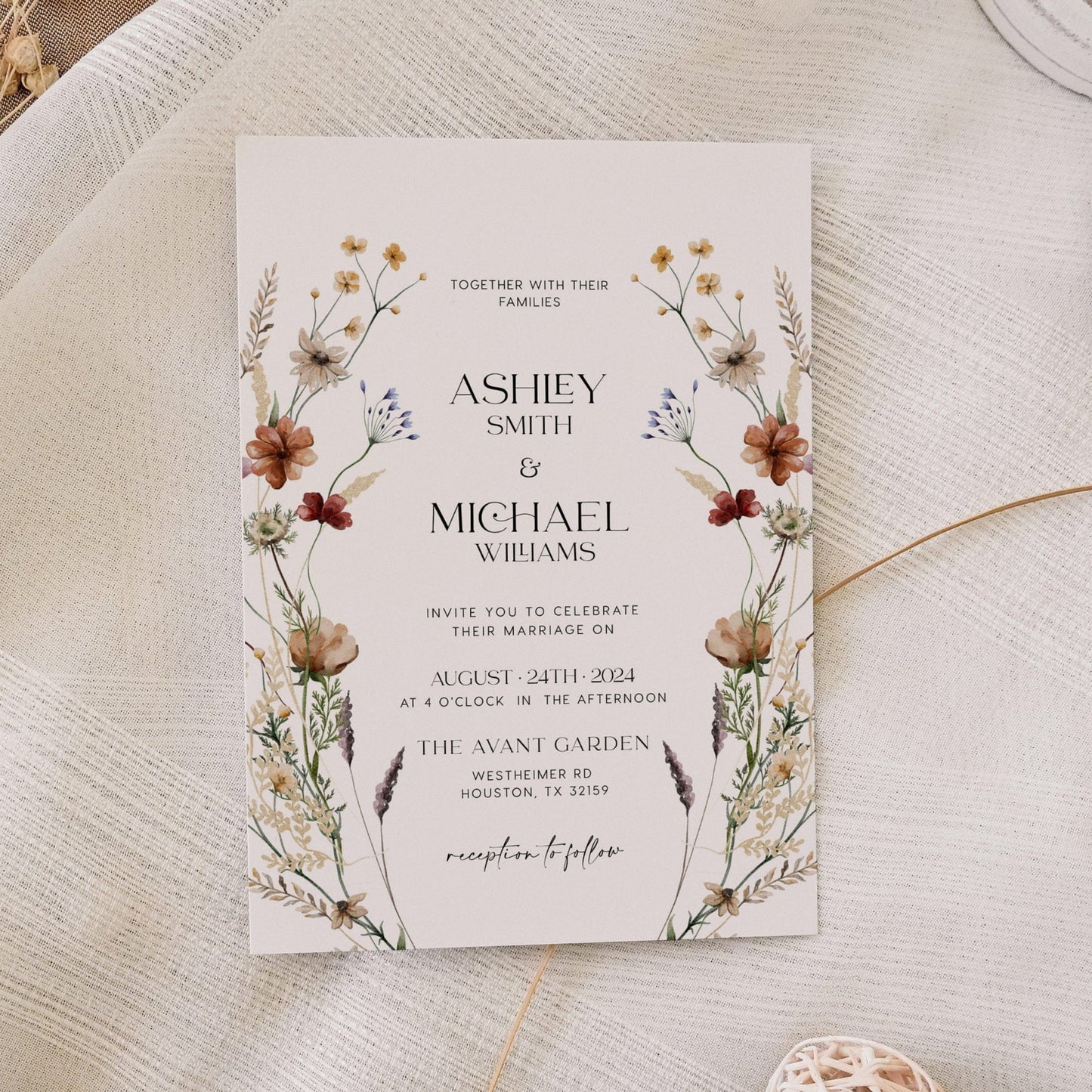 Floral Wedding invitation set, Floral Wedding invitation set with boho wildflowers - LovelyTemplatesCo
