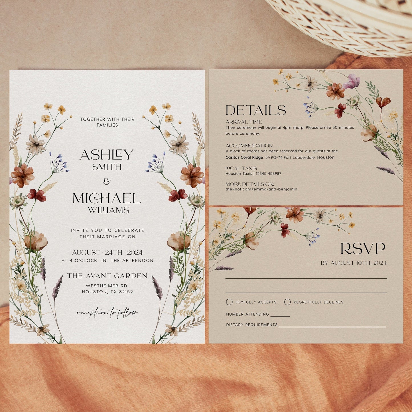 Floral Wedding invitation set, Floral Wedding invitation set with boho wildflowers - LovelyTemplatesCo