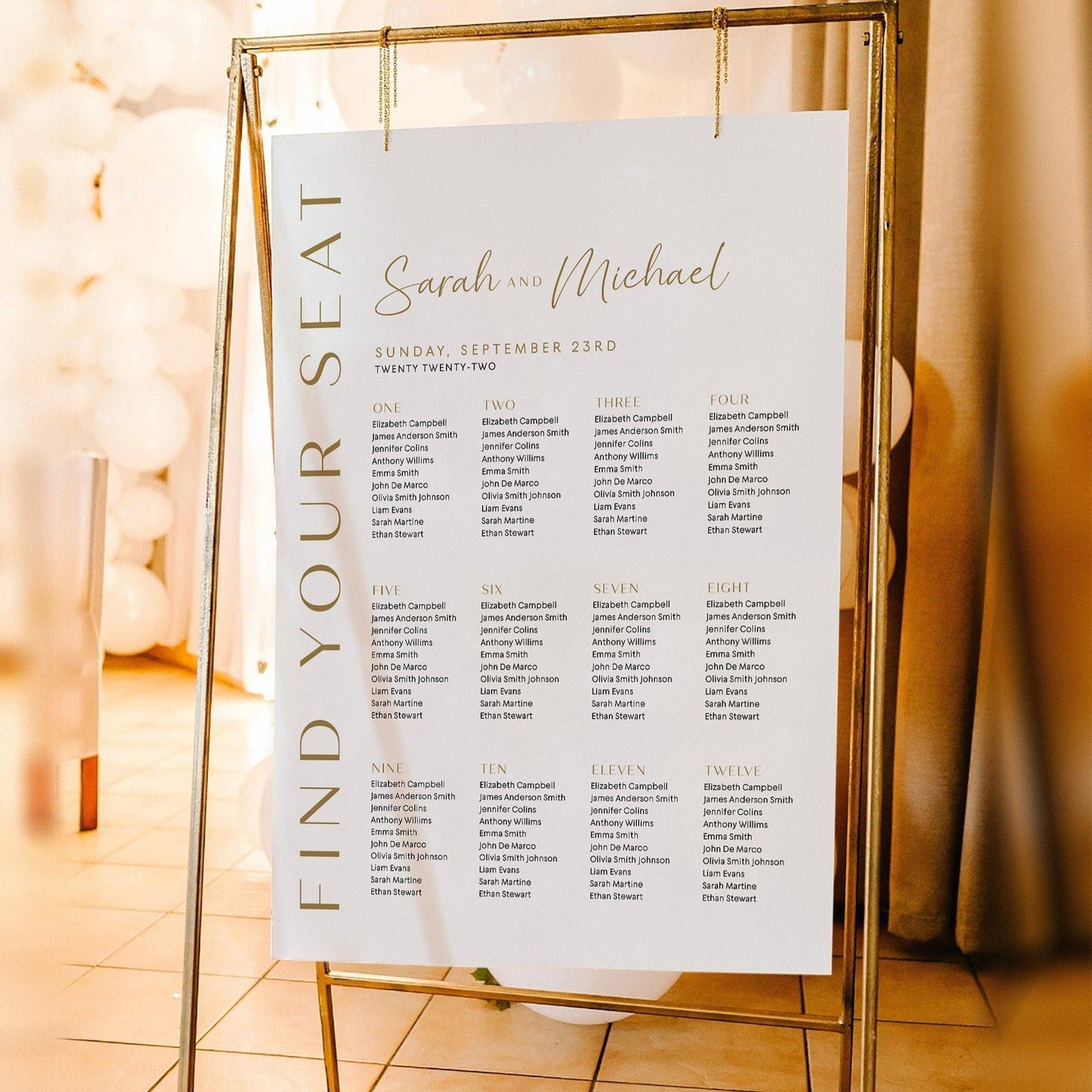 Gold wedding seating chart - LovelyTemplatesCo