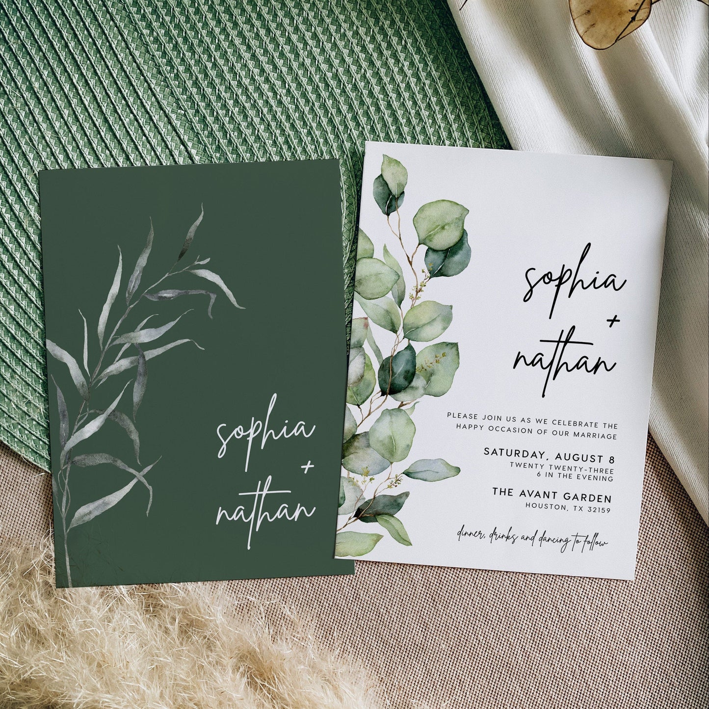 Greenery wedding invitation set, Eucalyptus greenery invitation set - LovelyTemplatesCo