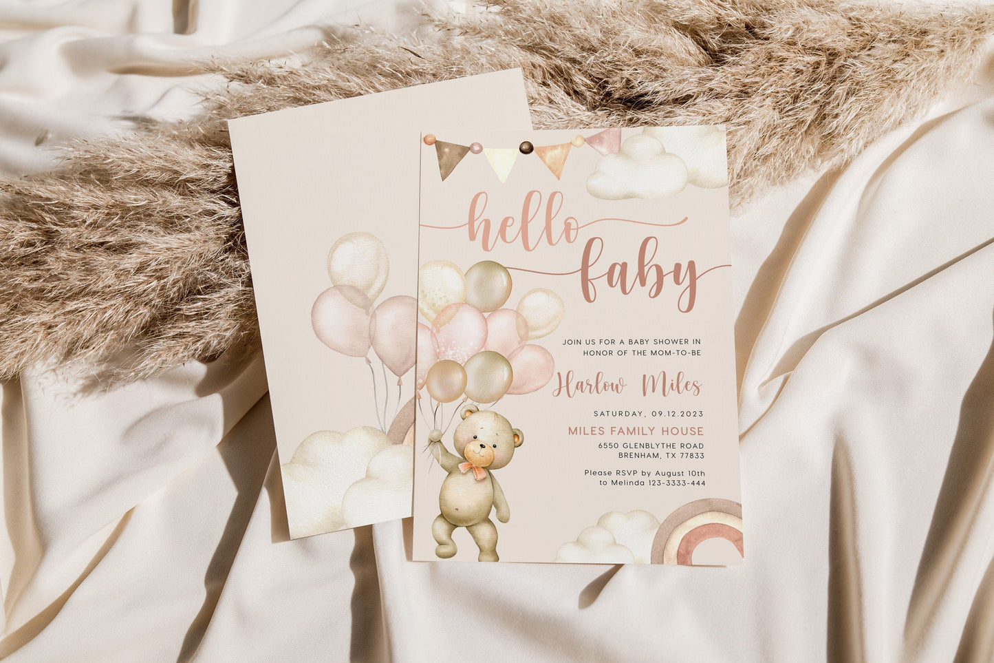 Hello Baby Bear Baby Shower Invitation, Neutral Baby Shower invitation - LovelyTemplatesCo