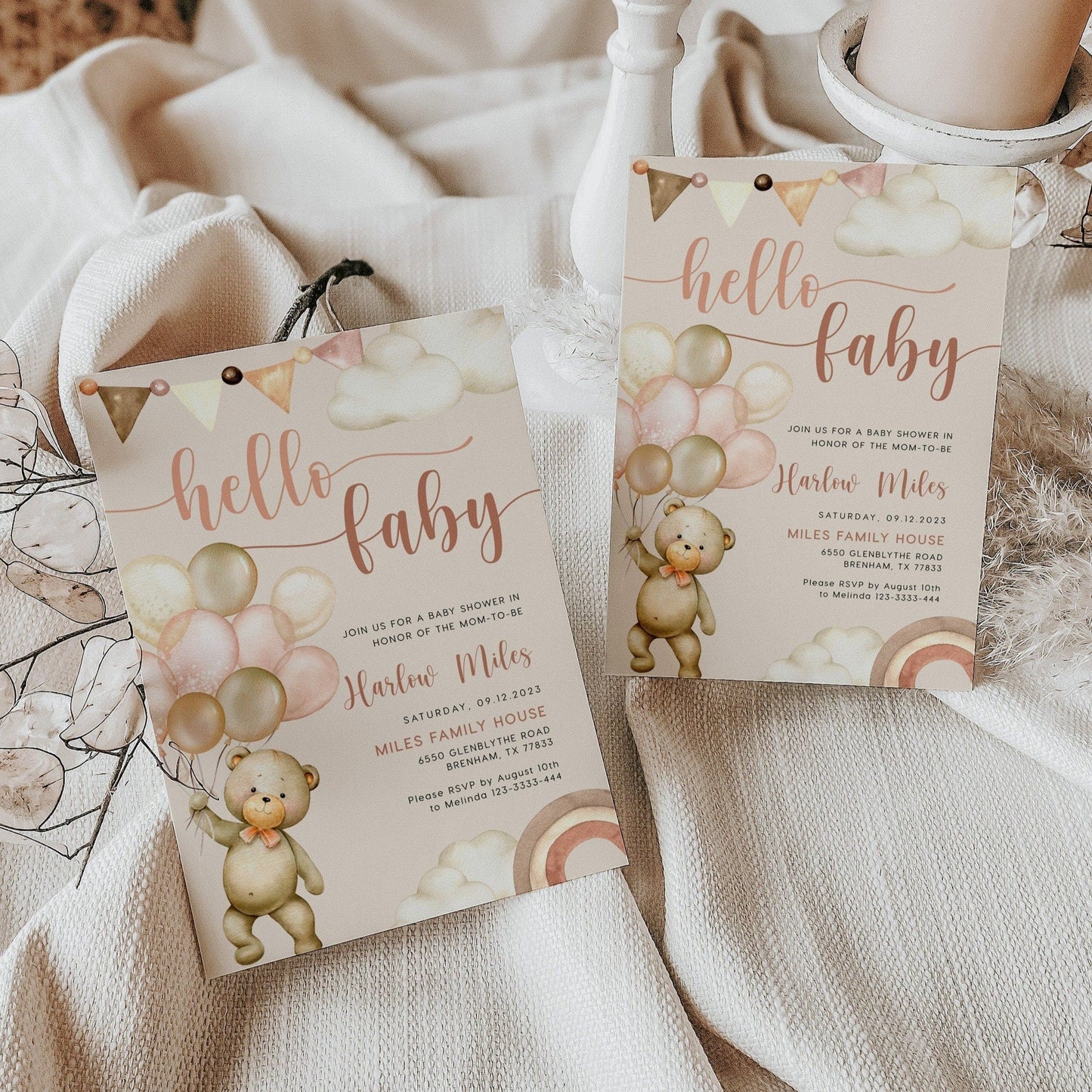 Hello Baby Bear Baby Shower Invitation, Neutral Baby Shower invitation - LovelyTemplatesCo
