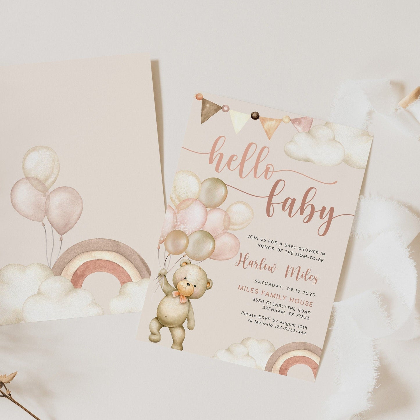 Hello Baby Bear Baby Shower Invitation, Neutral Baby Shower invitation - LovelyTemplatesCo