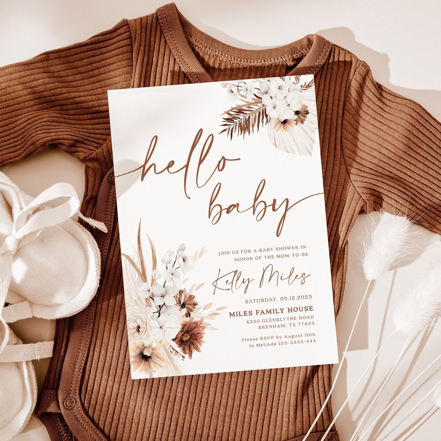 Hello baby invitation, Pampas baby shower invitation - LovelyTemplatesCo