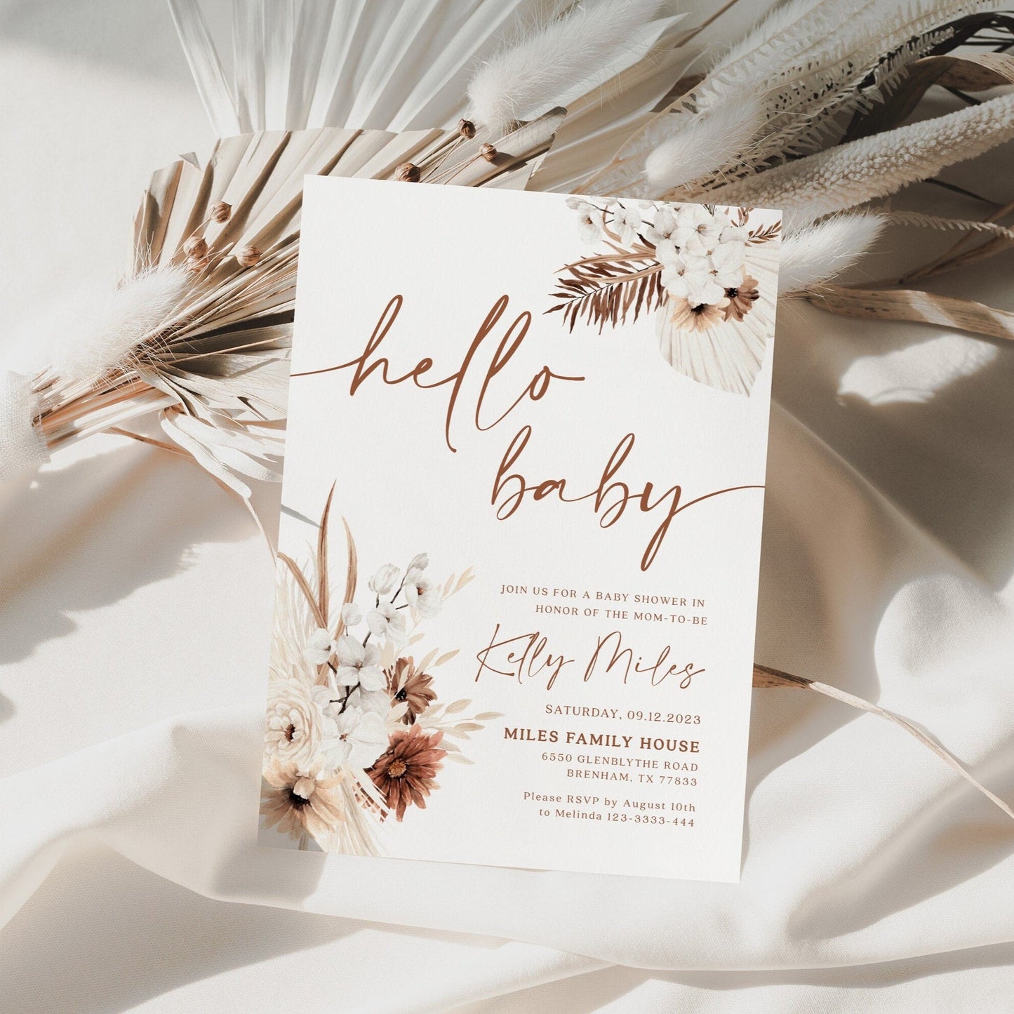 Hello baby invitation, Pampas baby shower invitation - LovelyTemplatesCo