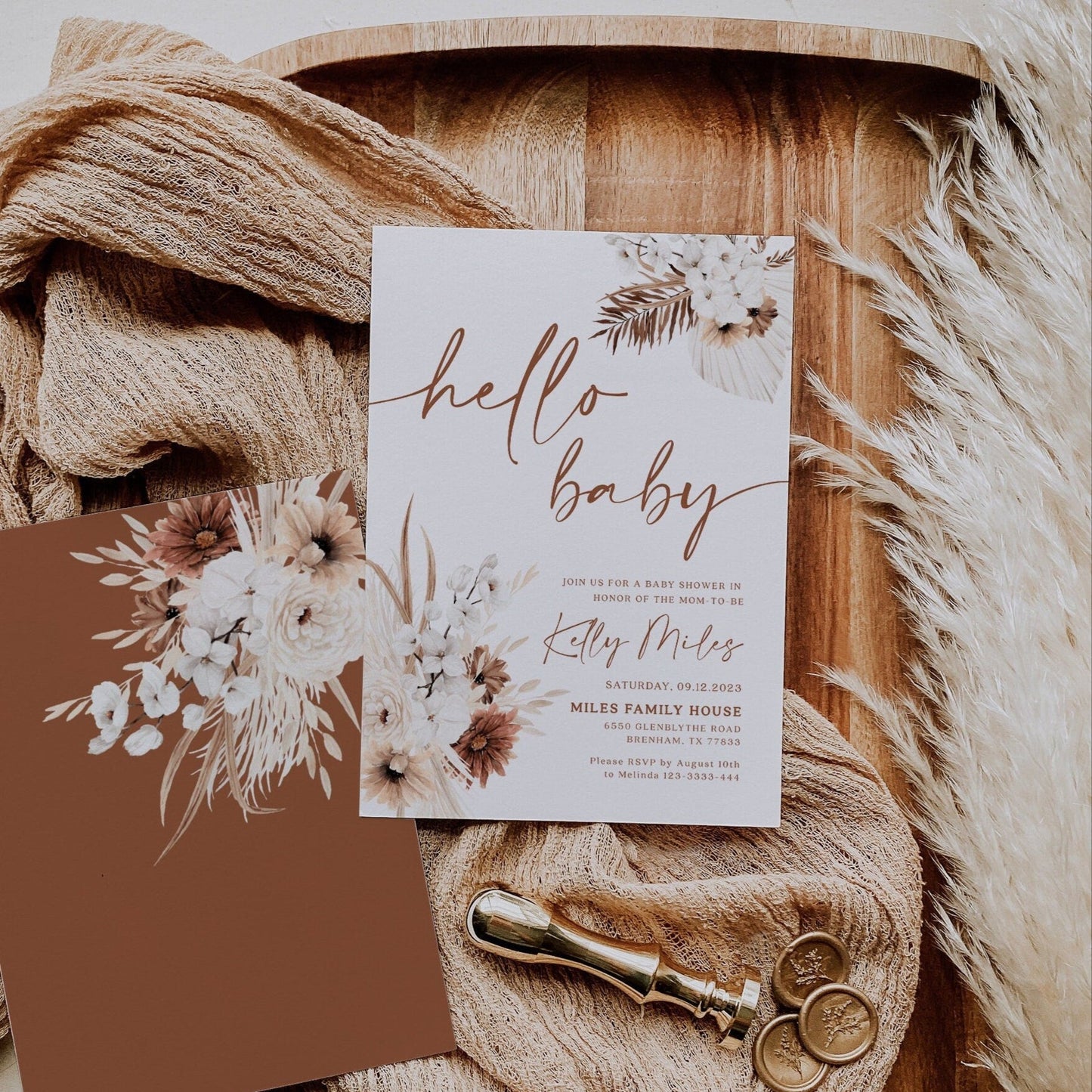 Hello baby invitation, Pampas baby shower invitation - LovelyTemplatesCo