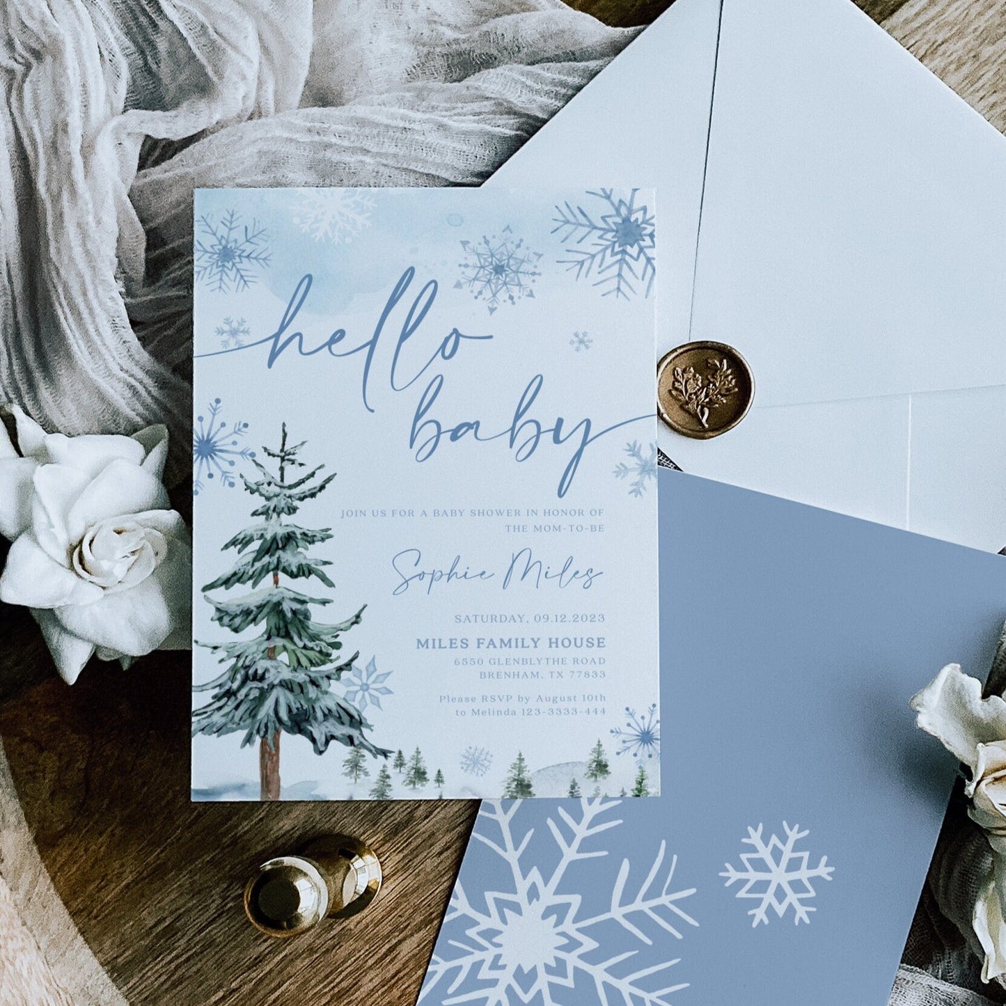 Hello Baby invitation, Winter wonderland baby shower, Winter Baby shower invitation template - LovelyTemplatesCo