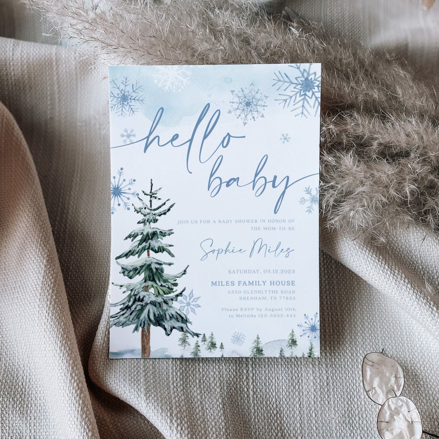 Hello Baby invitation, Winter wonderland baby shower, Winter Baby shower invitation template - LovelyTemplatesCo