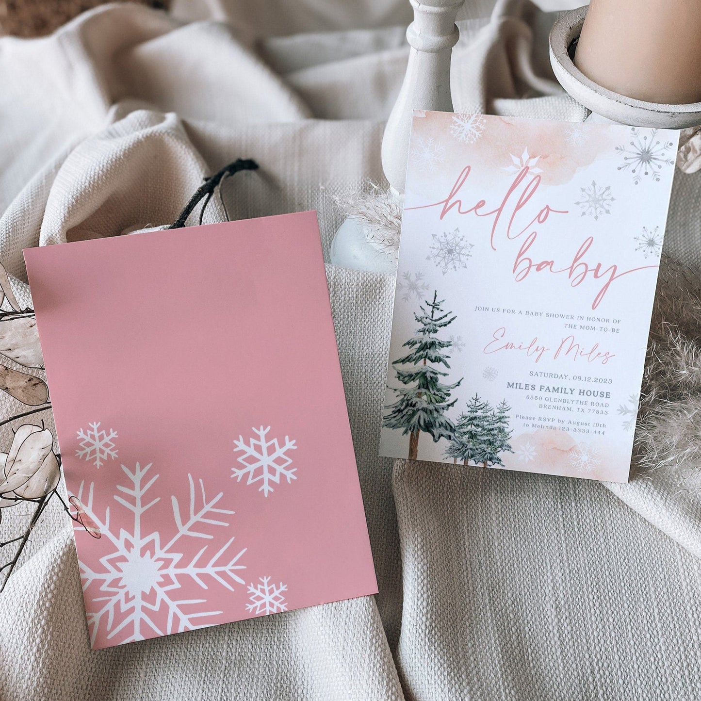 Hello Baby Winter Baby Shower Invitation, Winter girl baby shower invitation - LovelyTemplatesCo