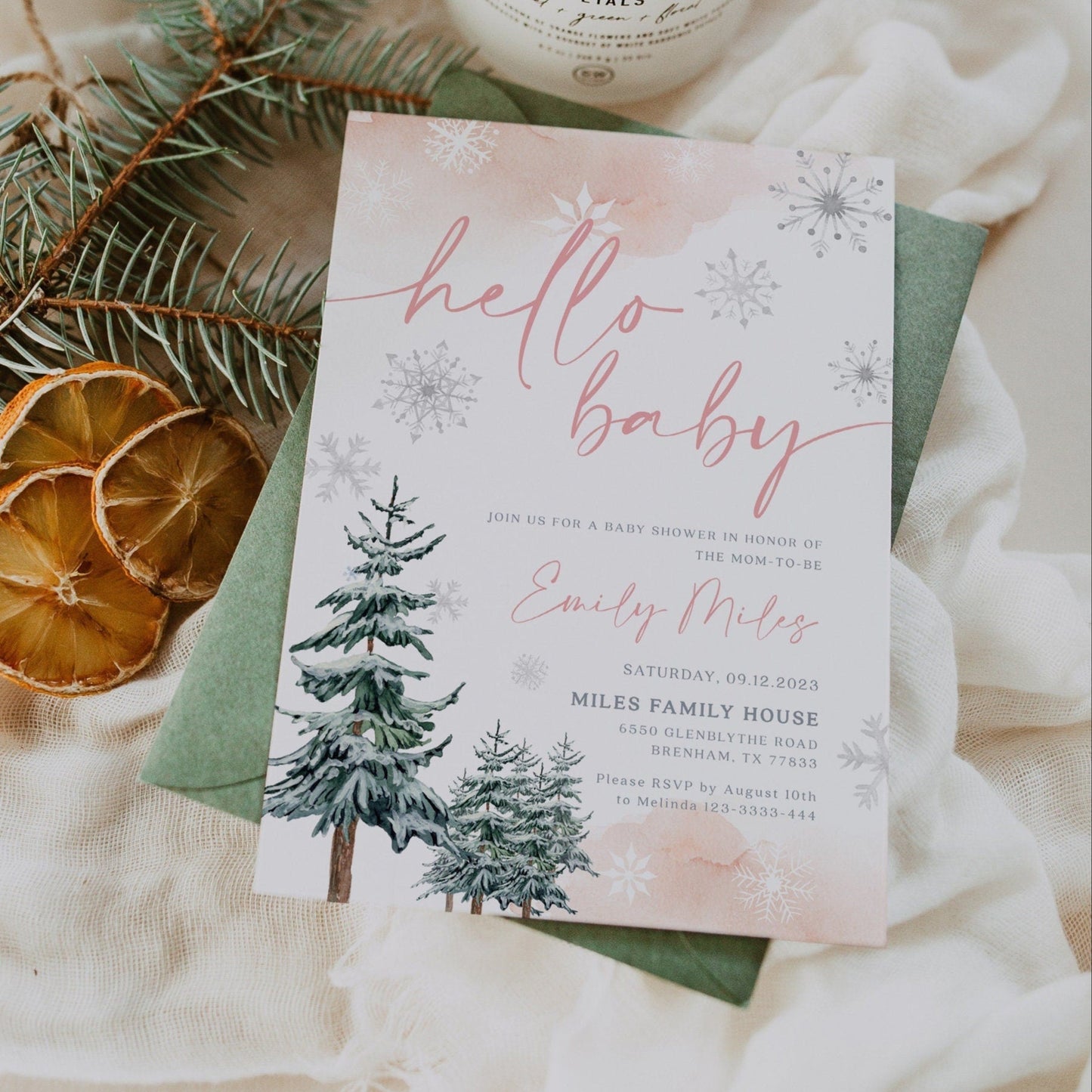 Hello Baby Winter Baby Shower Invitation, Winter girl baby shower invitation - LovelyTemplatesCo