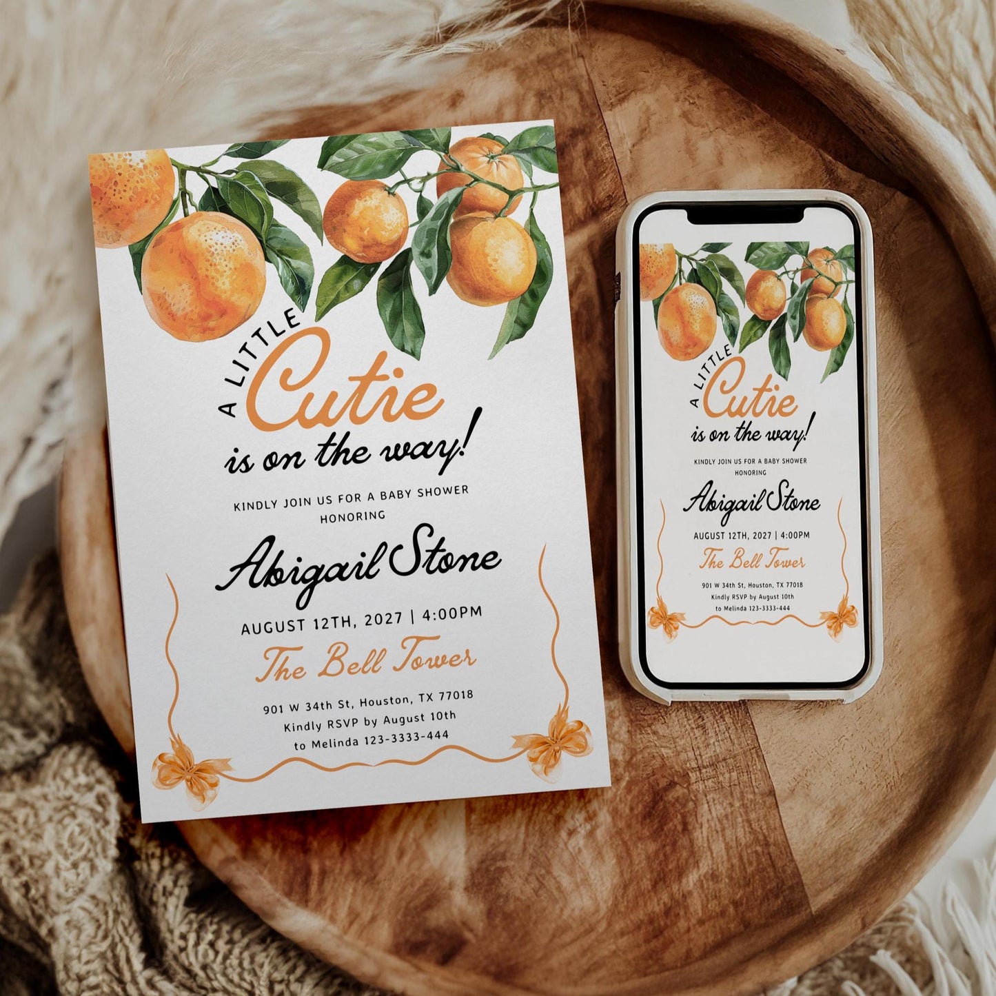 Little Cutie Is on the Way | Orange Baby Shower Invitation - LovelyTemplatesCo