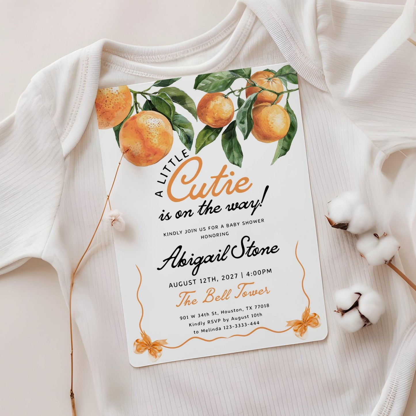 Little Cutie Is on the Way | Orange Baby Shower Invitation - LovelyTemplatesCo