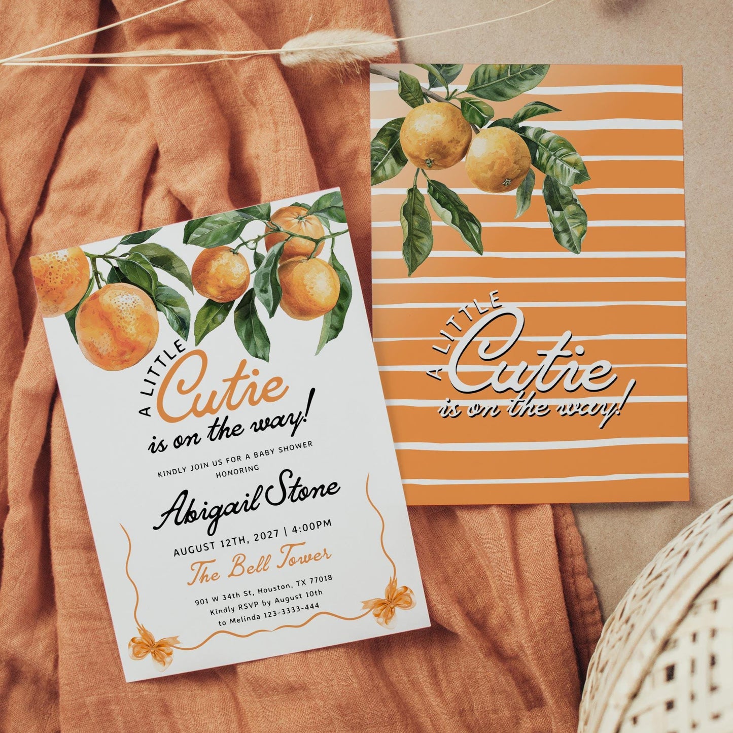Little Cutie Is on the Way | Orange Baby Shower Invitation - LovelyTemplatesCo