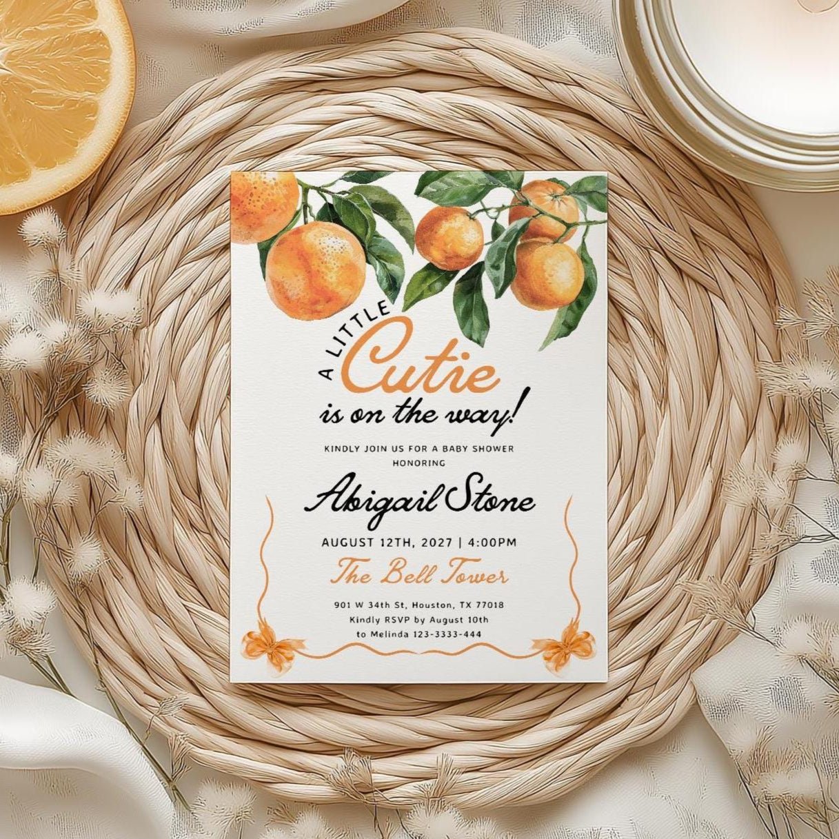 Little Cutie Is on the Way | Orange Baby Shower Invitation - LovelyTemplatesCo