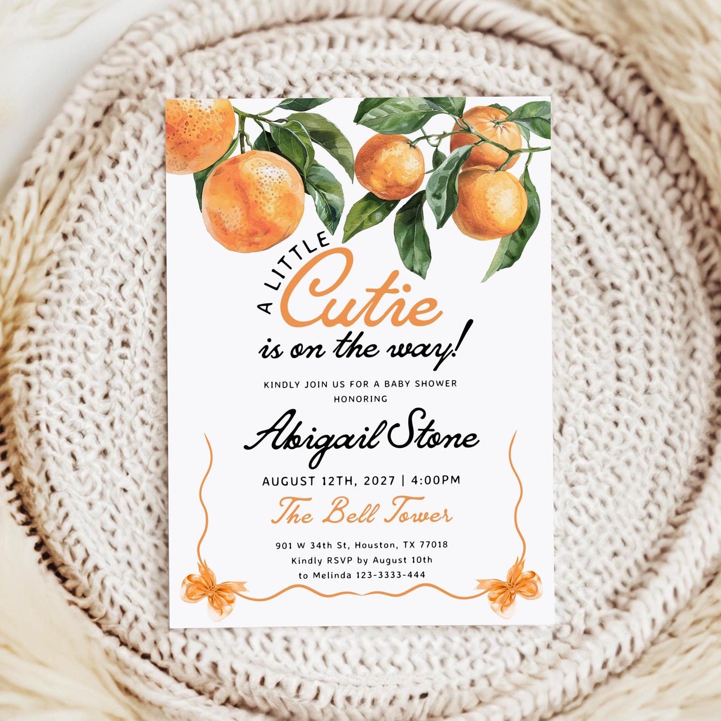 Little Cutie Is on the Way | Orange Baby Shower Invitation - LovelyTemplatesCo