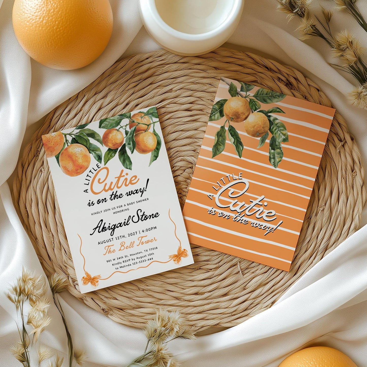 Little Cutie Is on the Way | Orange Baby Shower Invitation - LovelyTemplatesCo