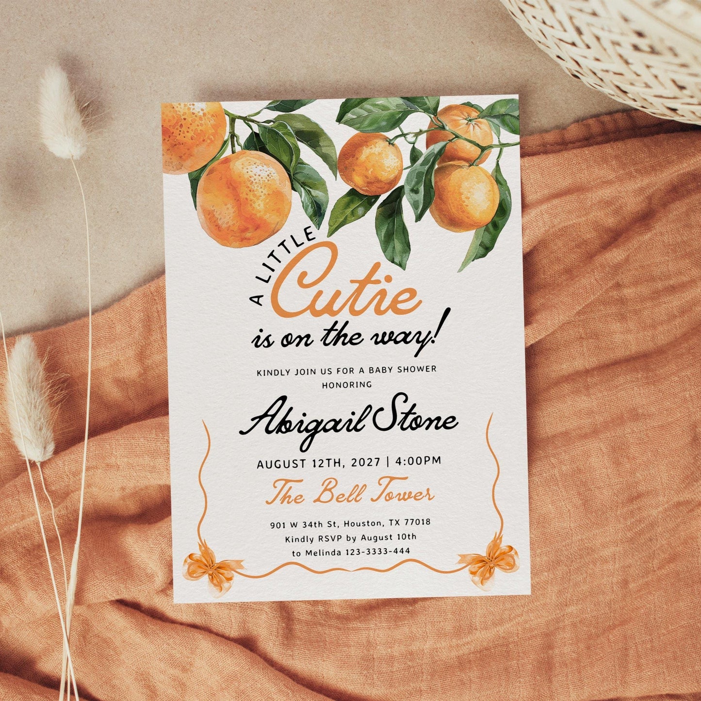 Little Cutie Is on the Way | Orange Baby Shower Invitation - LovelyTemplatesCo