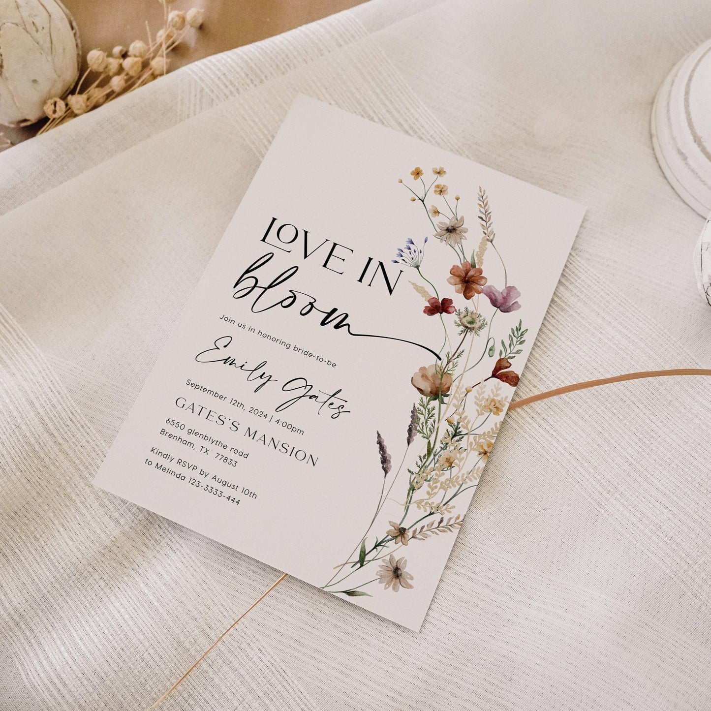 Love In Bloom invitation | Boho Floral Bridal shower invitation - LovelyTemplatesCo