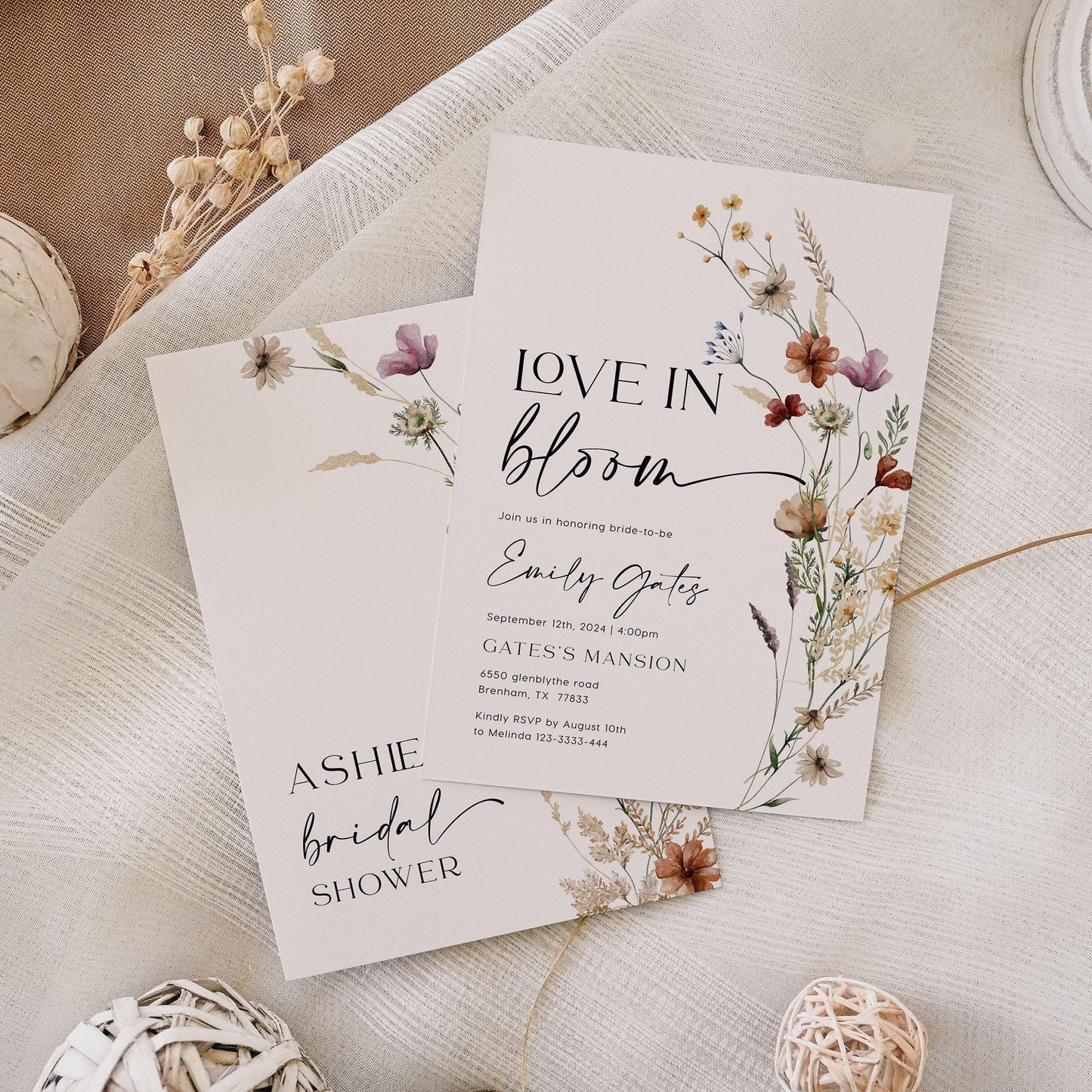 Love In Bloom invitation | Boho Floral Bridal shower invitation - LovelyTemplatesCo